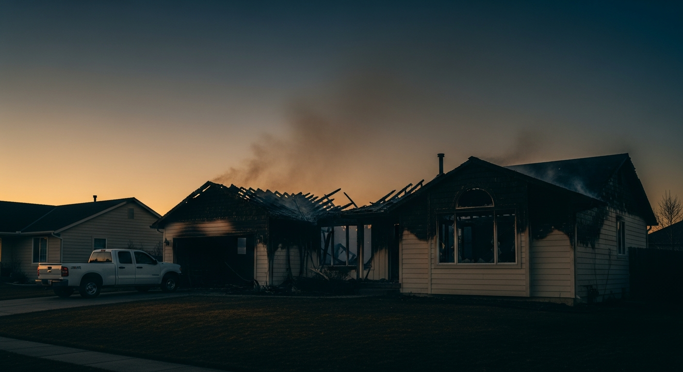 Fire-damaged home at dawn with a contractor's truck parked in the driveway