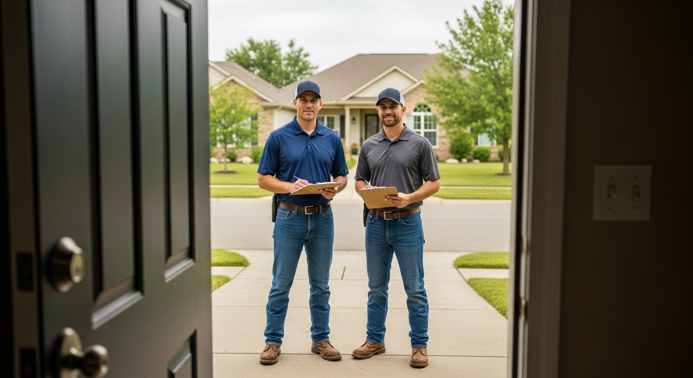 Homeowner's view from their front doorway looking at contractors with clipboards in the driveway