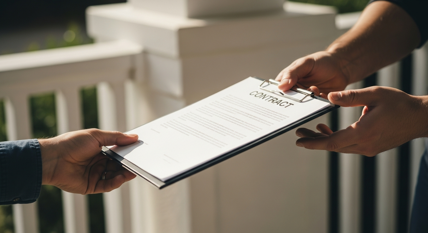 Homeowner's hand calmly returning a clipboard with a contract to a contractor