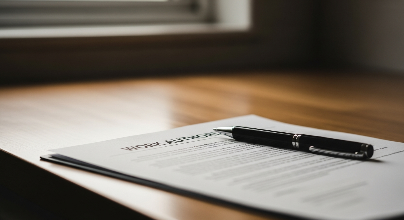 Close-up of a work authorization contract on a kitchen counter with a pen resting on it