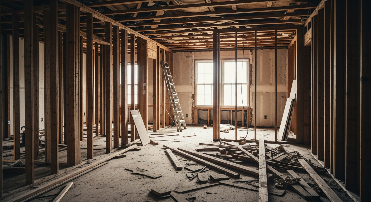 Half-renovated home interior with exposed studs and construction debris, no workers present