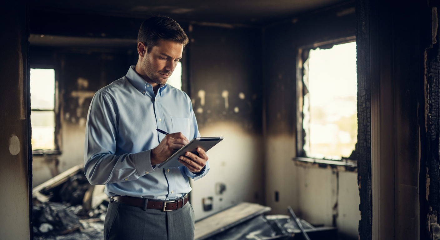 Licensed public adjuster in business attire documenting fire damage inside a home with a tablet